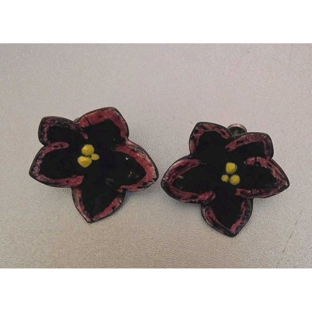Vntg Japan Ceramic Flower Screw Back Earrings Purple Front Blue Back Porcelain